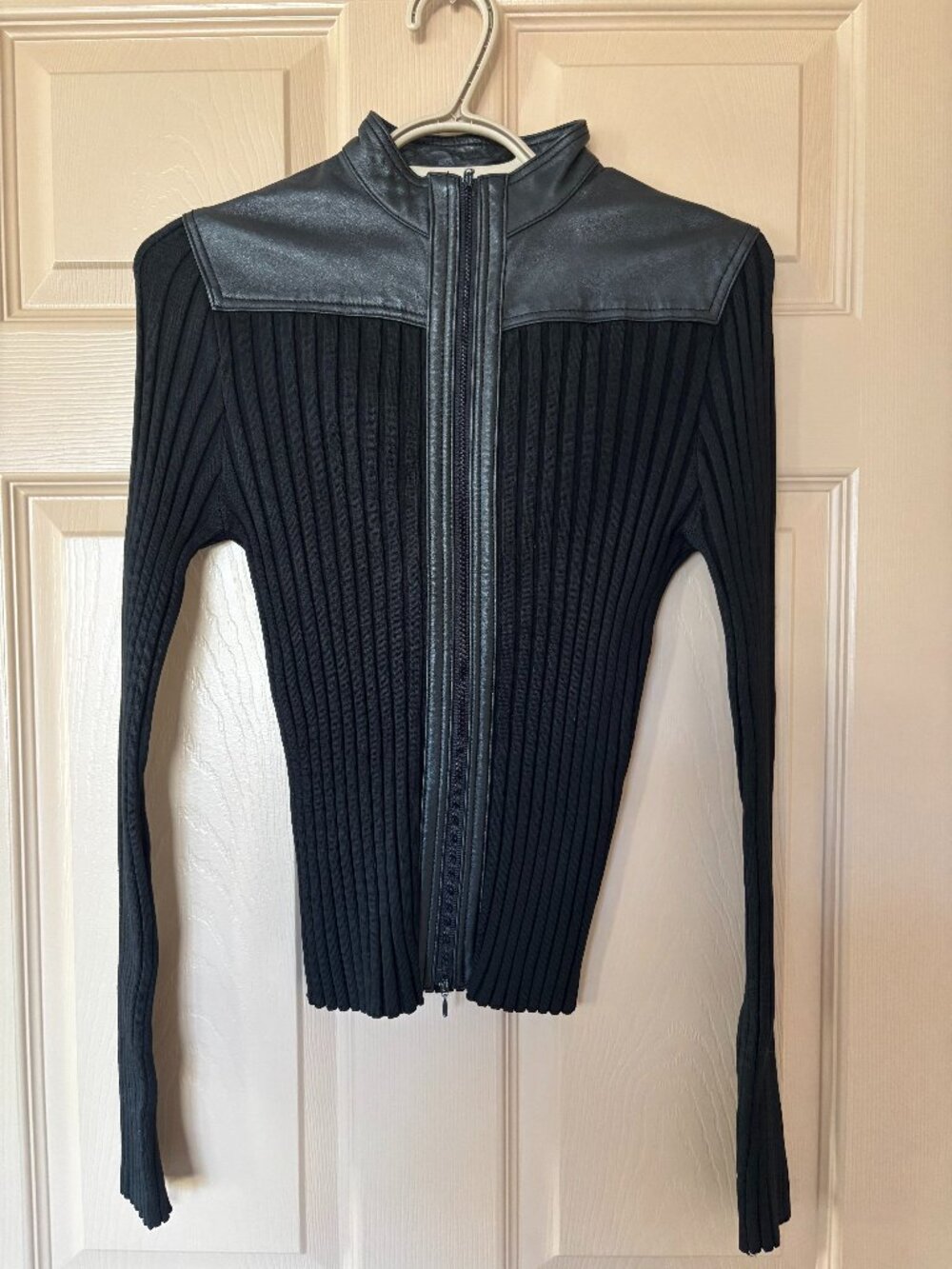 White House Black Market Black Ribbed Knit & Faux Leather Zip-Up Jacket
